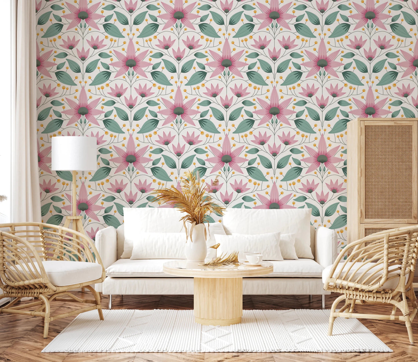 Floral wallpaper featuring pink petals and green leaves design