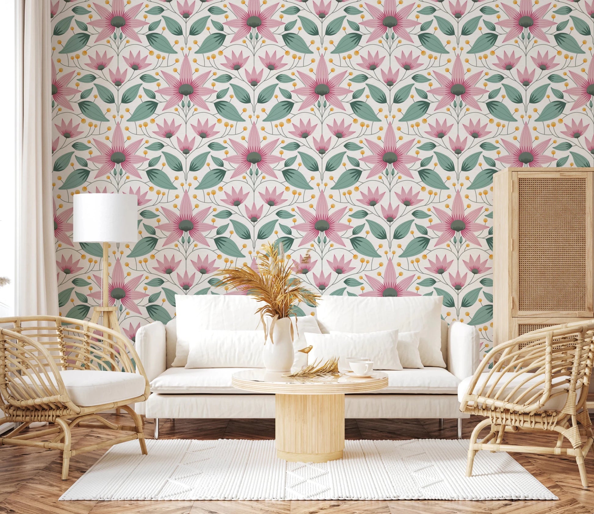 Floral wallpaper featuring pink petals and green leaves design