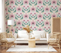 Floral wallpaper featuring pink petals and green leaves design