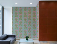 The colors are soft, muted tones of beige, green, and pink.

