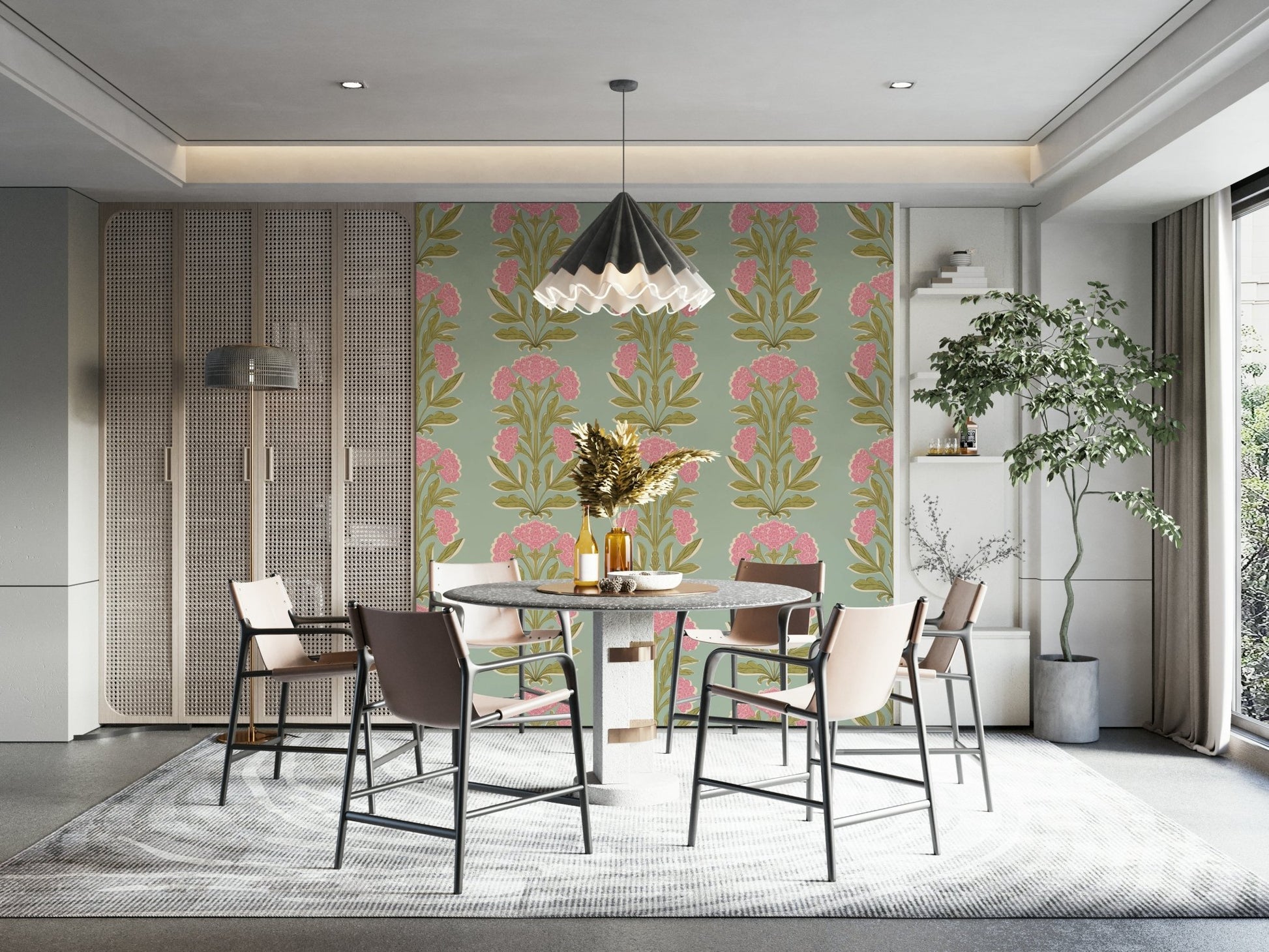 The image shows a peaceful, traditional floral pattern.

