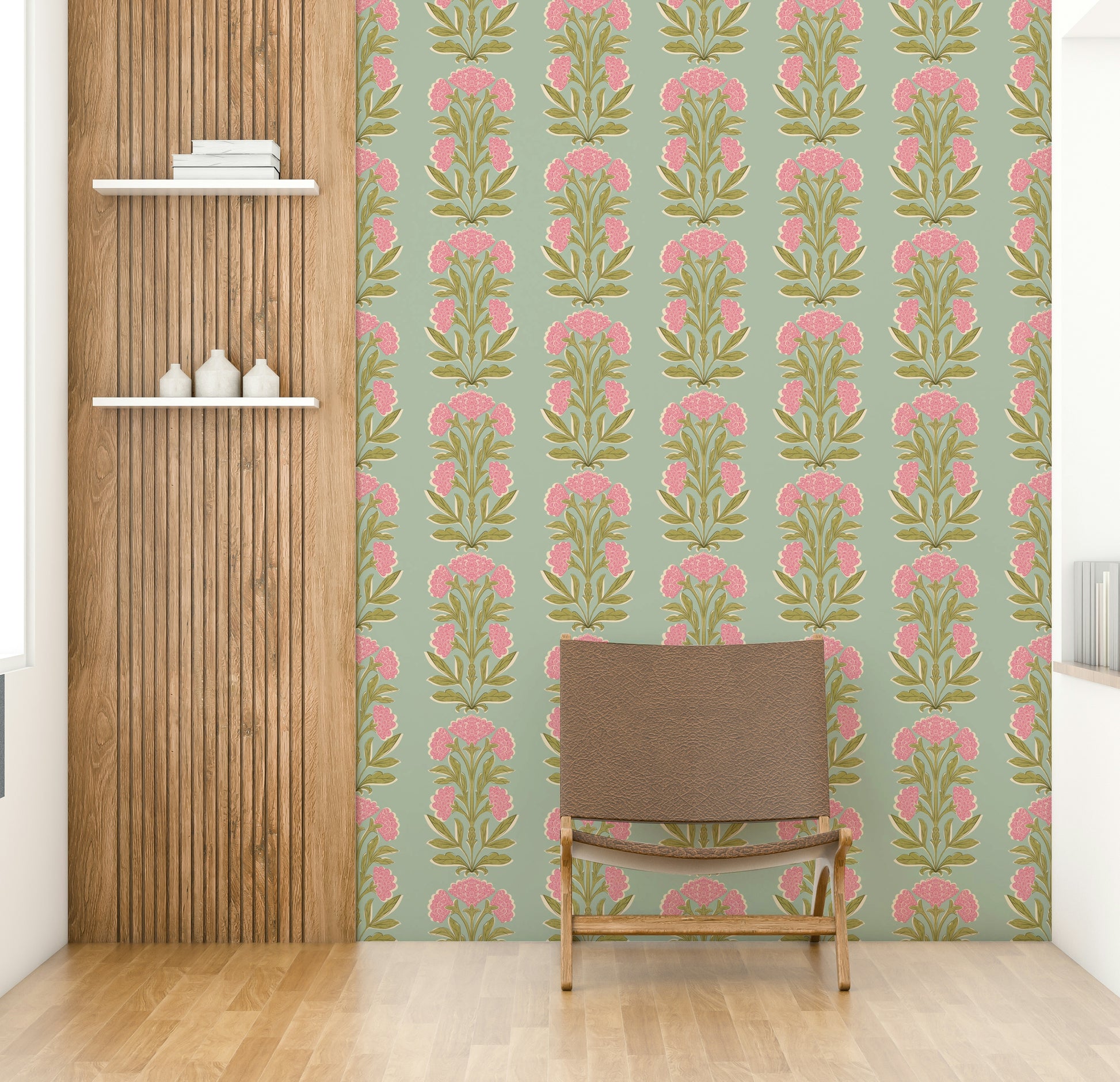 A wall mural of a symmetrical floral pattern.

