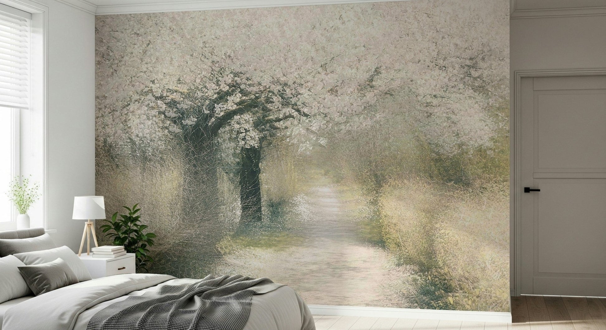 A graceful subtle flower wall mural in soft, elegant tones., GD5599