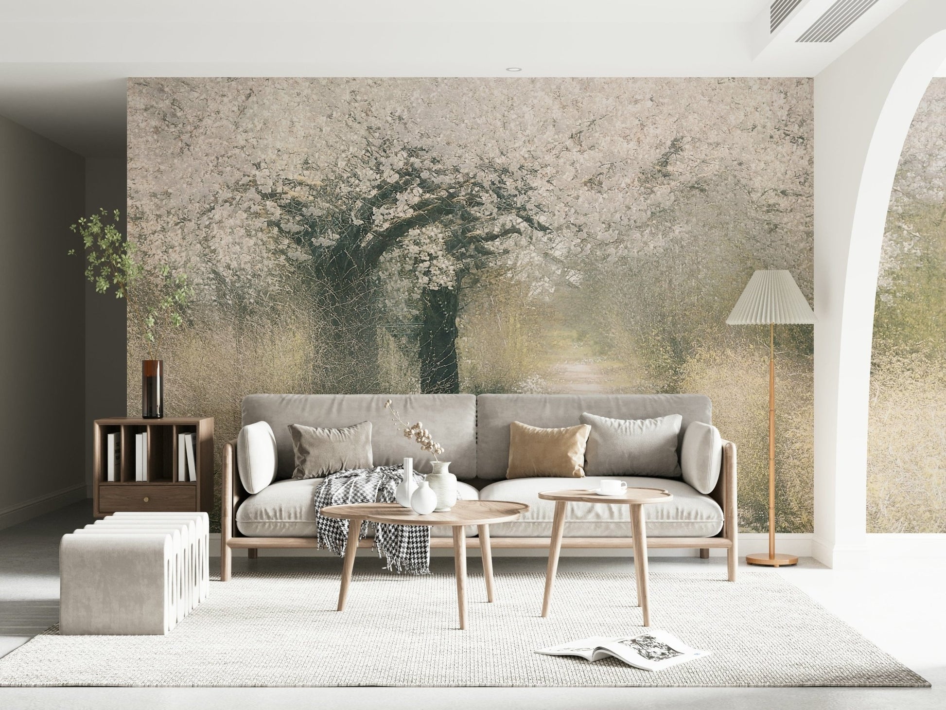 An artistic delicate bloom mural on minimalist wallpaper., GD5599