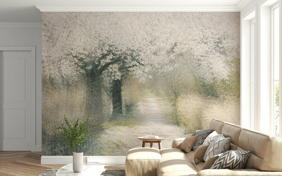 A beautiful subtle floral wallpaper mural with a winding blossom trail., GD5599