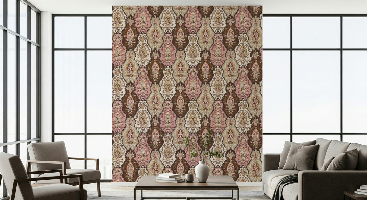 Luxury Blossom Weave Wallpaper, warm colors traditional motif print.