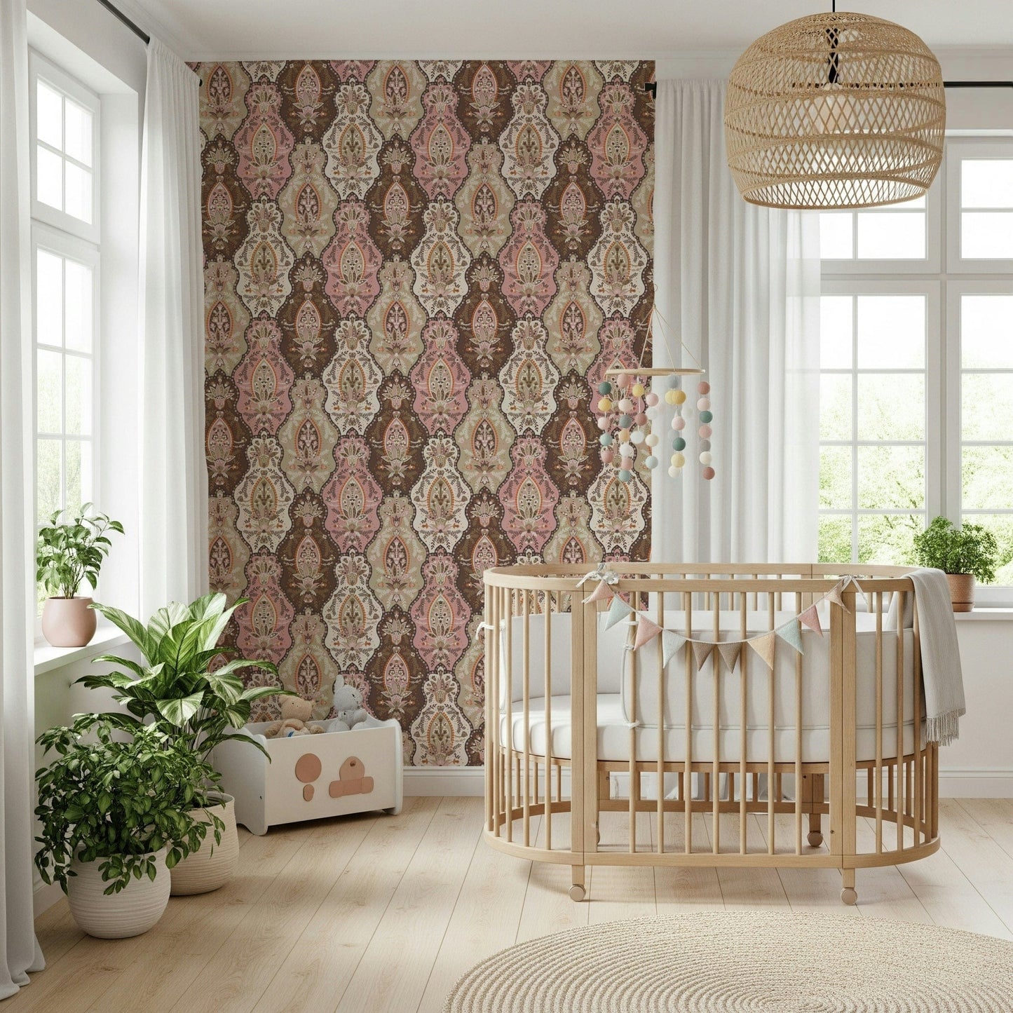 Brown and pink Blossom Weave, vintage-inspired ornate wallpaper for walls.