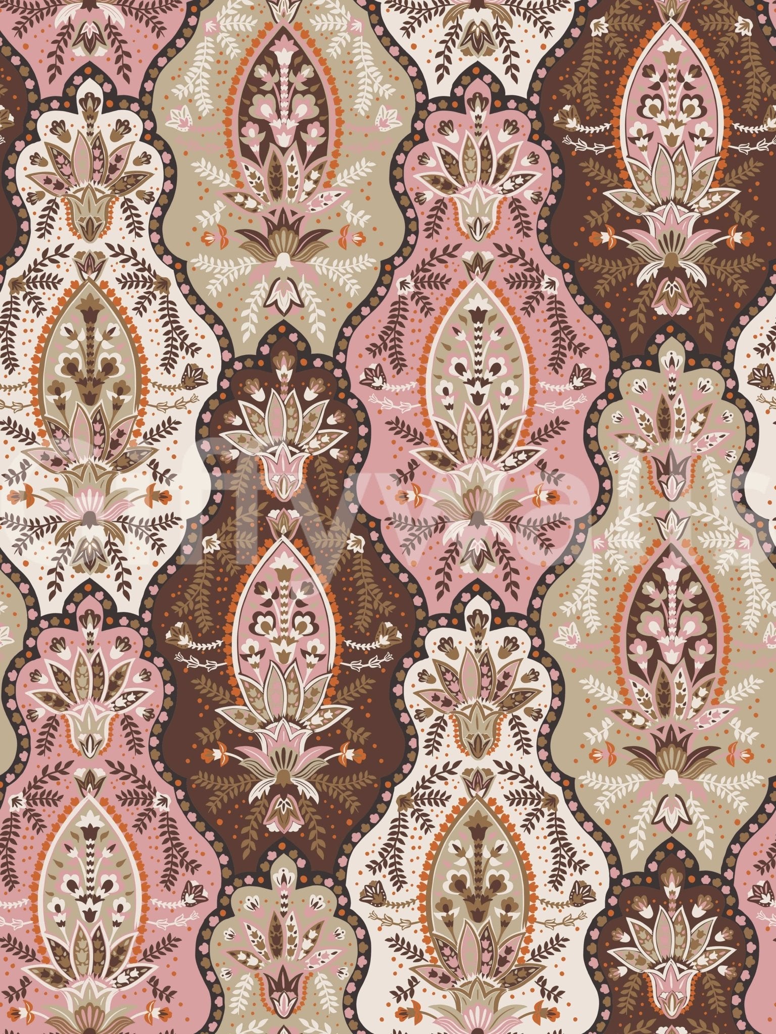 Wall mural, rich cocoa and pale blush Blossom Weave print.