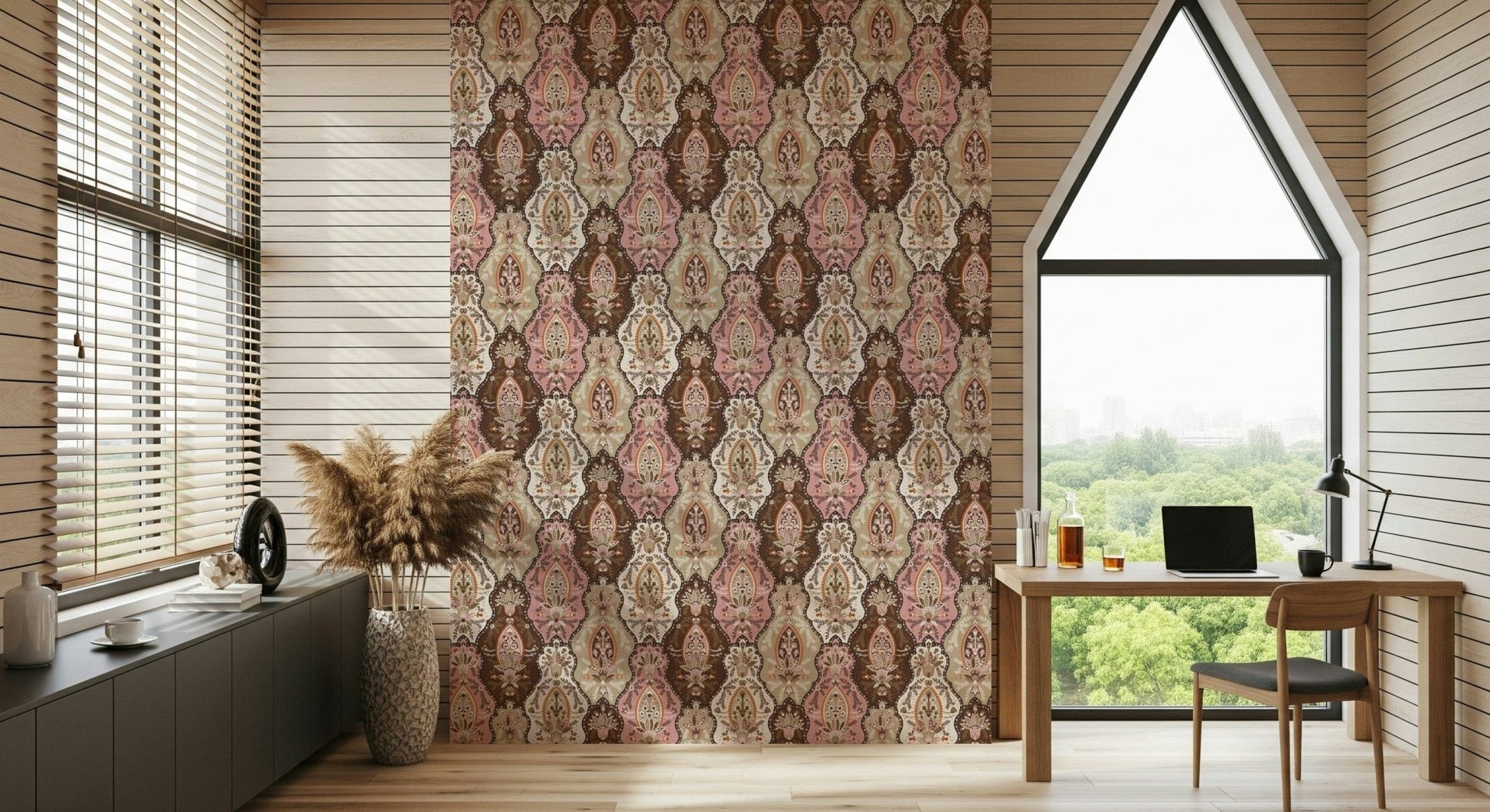 Blush and taupe Blossom Weave Wallpaper, perfect for feature wall.