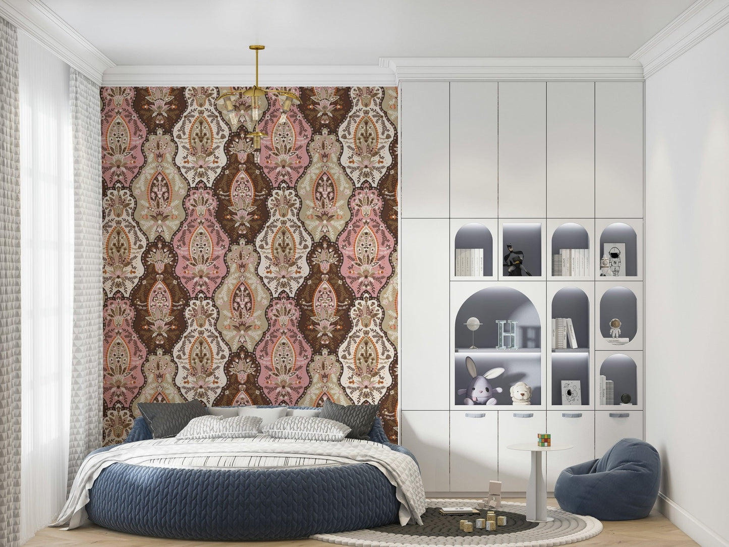 Wallcovering, elegant Blossom Weave interlocking botanical shapes.