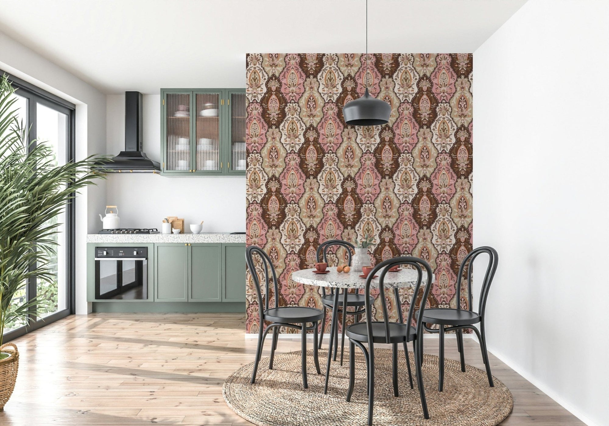 Blossom Weave Wallpaper pink, brown, botanical ogee pattern wall mural., GD6637