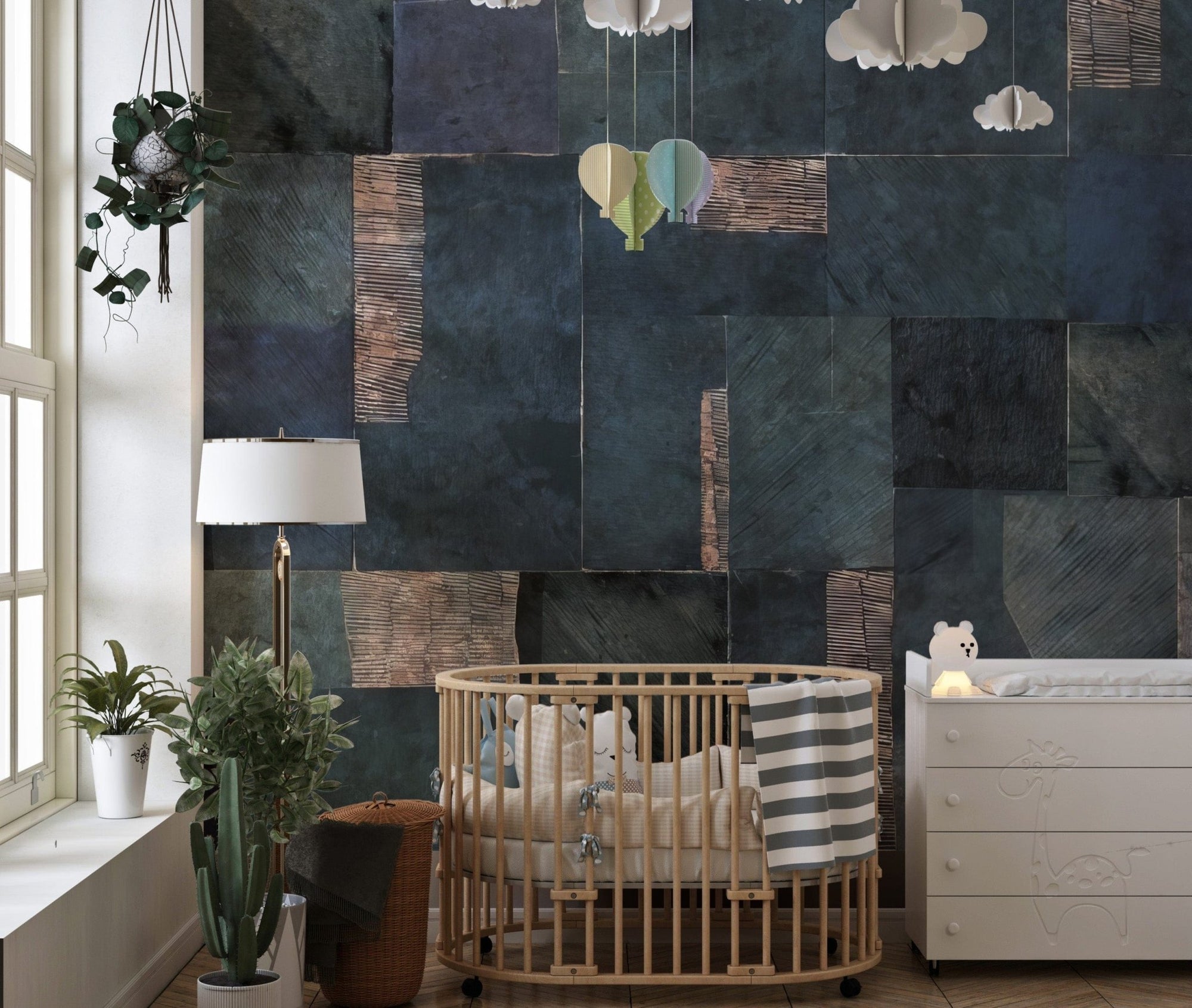 Blue abstract wallpaper with metallic tones for modern decor., C19