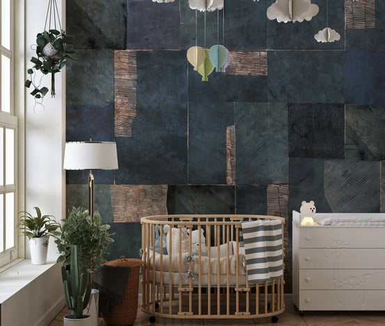 Blue abstract wallpaper with metallic tones for modern decor., C19