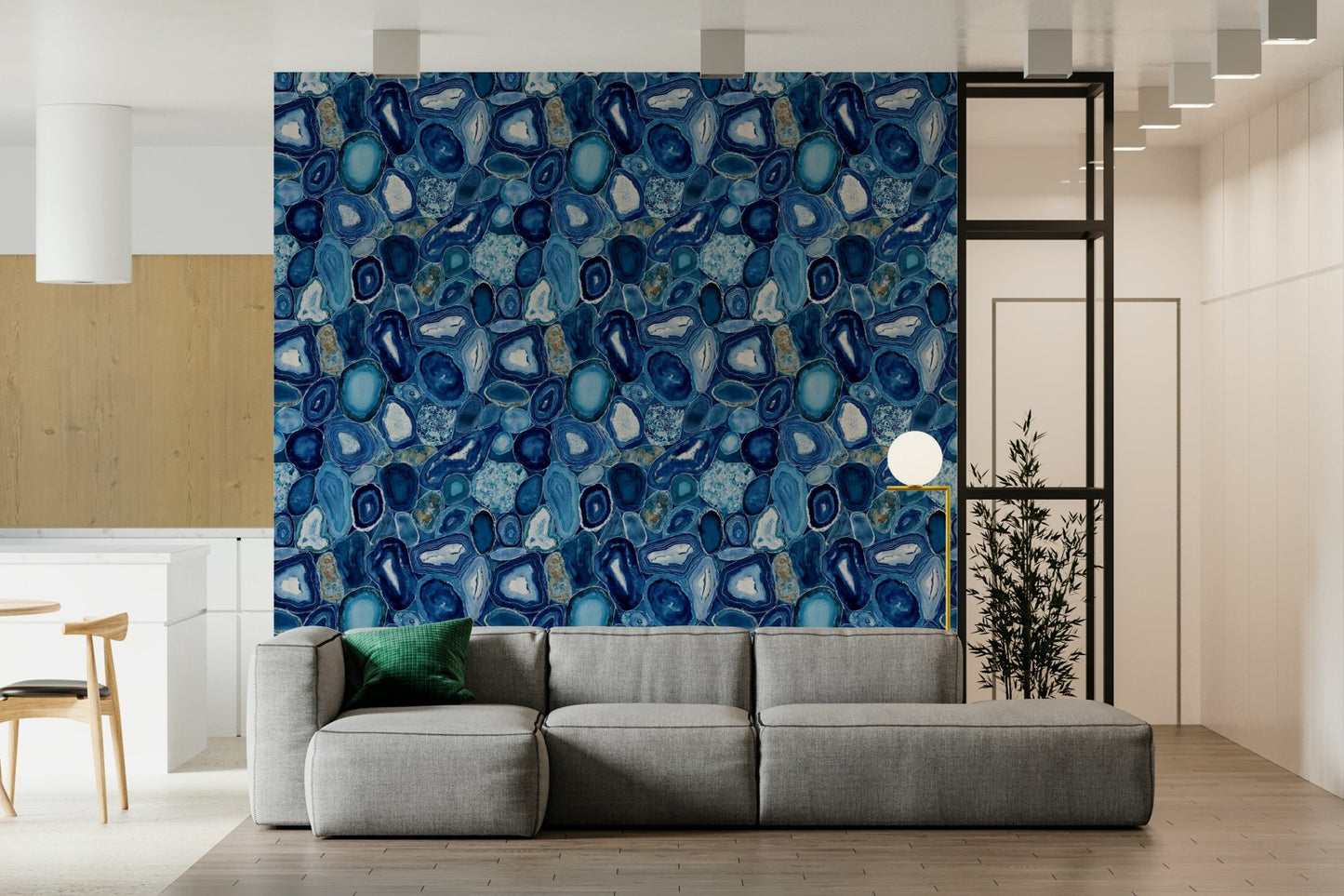 Semi-precious stone effect Blue Agate Stone Slices Wallpaper adorning a salon wall.