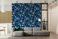 Semi-precious stone effect Blue Agate Stone Slices Wallpaper adorning a salon wall.