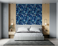 Designer mineral theme Blue Agate Stone Slices Wallpaper used as an artistic backdrop.