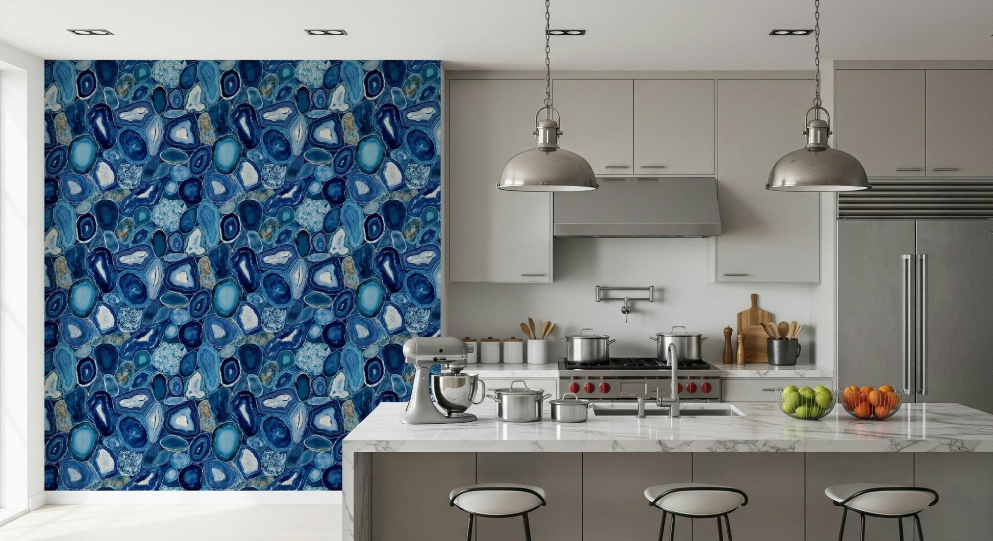 Oversized blue and white agate Blue Agate Stone Slices Wallpaper modern office decor.