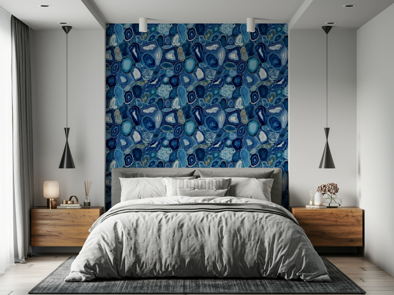 Blue Agate Stone Slices Wallpaper geological pattern used in a living area.