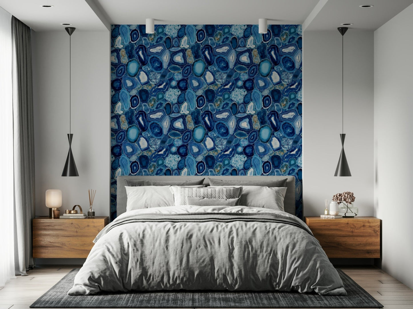 Blue Agate Stone Slices Wallpaper geological pattern used in a living area.