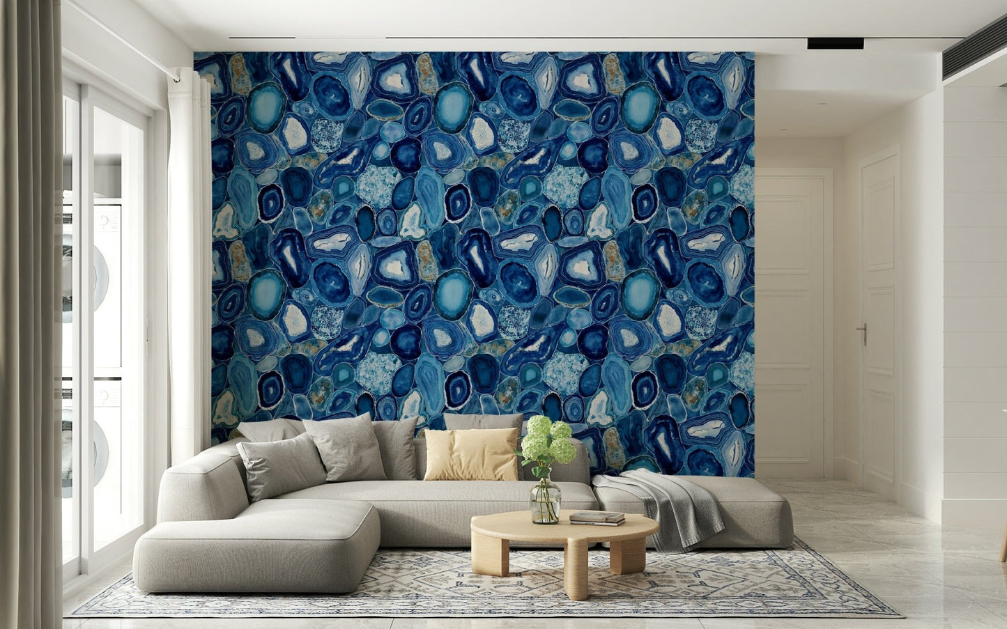 Natural stone slice pattern Blue Agate Stone Slices Wallpaper applied in a dining room.