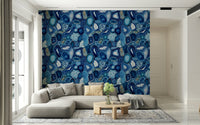 Natural stone slice pattern Blue Agate Stone Slices Wallpaper applied in a dining room.
