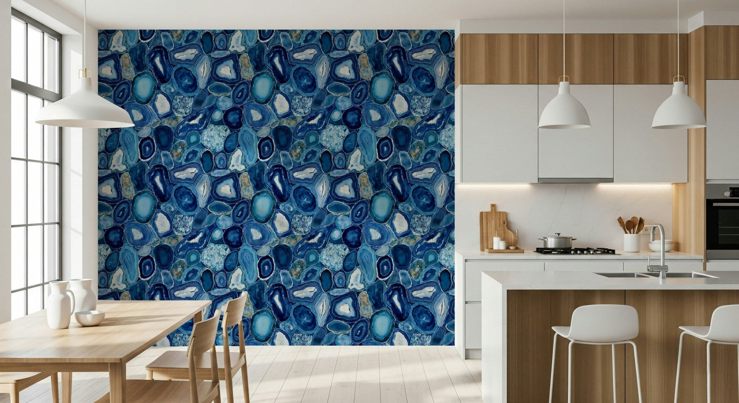 Flowing deep blue tones Blue Agate Stone Slices Wallpaper framing a gallery wall.