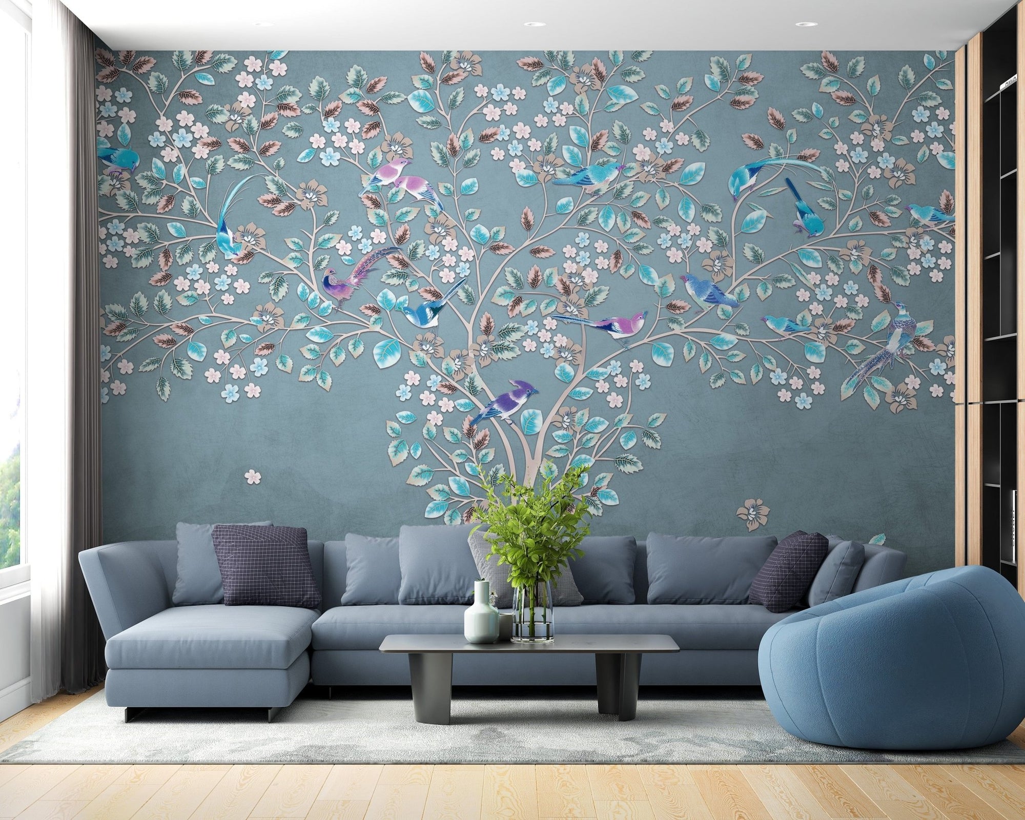 Blue and green leaves mural B162
