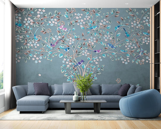 Blue and green leaves mural B162
