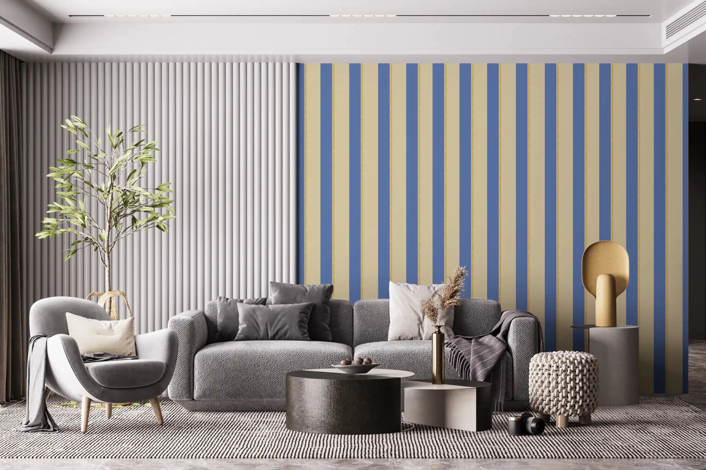 Grey lounge corner lifted by Blue and Yellow Candy Stripes Wallpaper