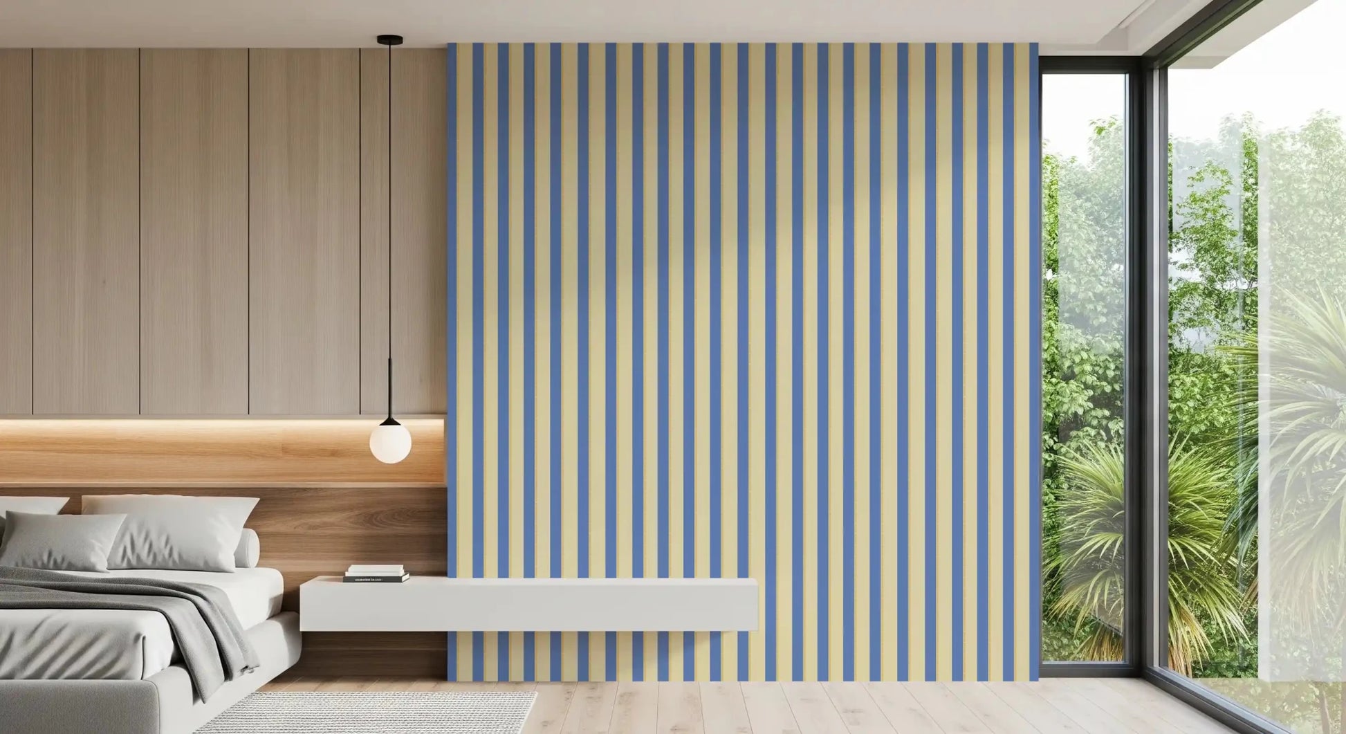 Blue and Yellow Candy Stripes Wallpaper adding height to a clean Bedroom corner