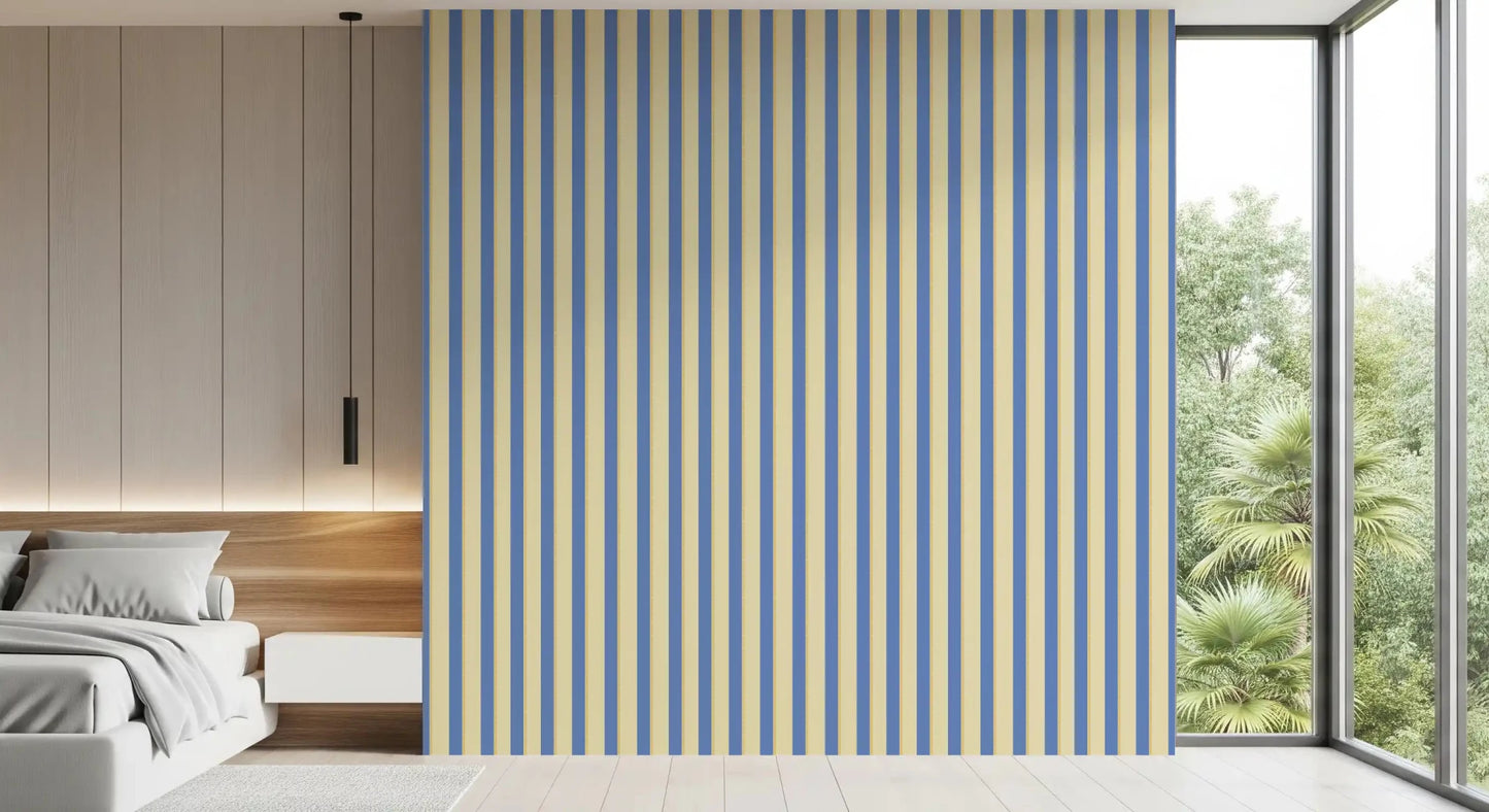 Bedroom side view featuring Blue and Yellow Candy Stripes Wallpaper in vertical bands