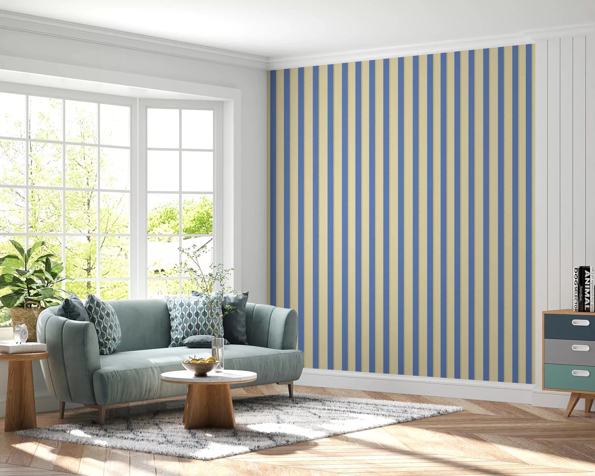 Sunlit lounge styled with Blue and Yellow Candy Stripes Wallpaper in soft stripe bands