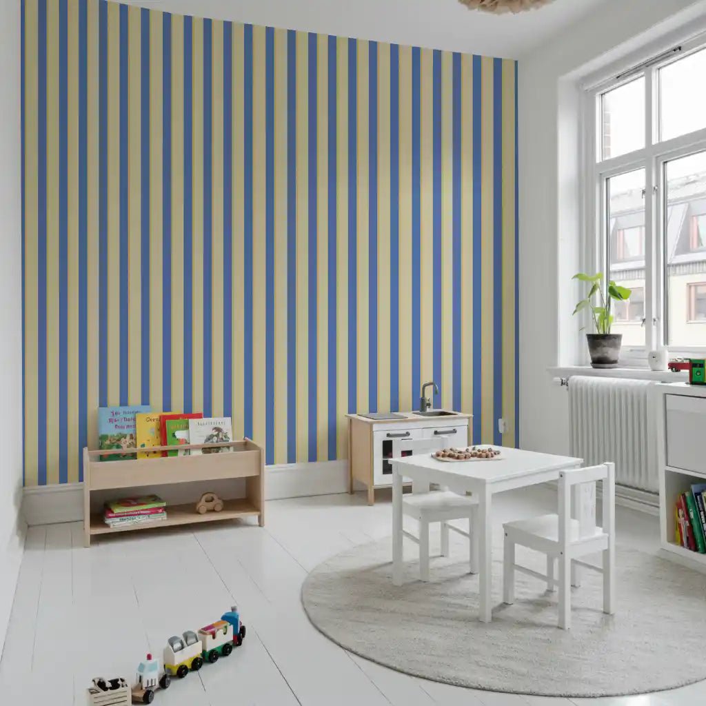 Soft striped walls in Blue and Yellow Candy Stripes Wallpaper frame Kids room 
