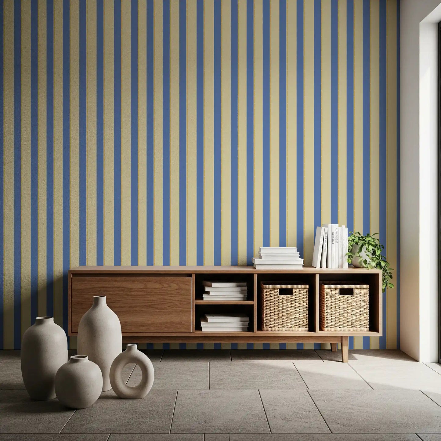 Blue and Yellow Candy Stripes Wallpaper behind shelves in a relaxed sitting area
