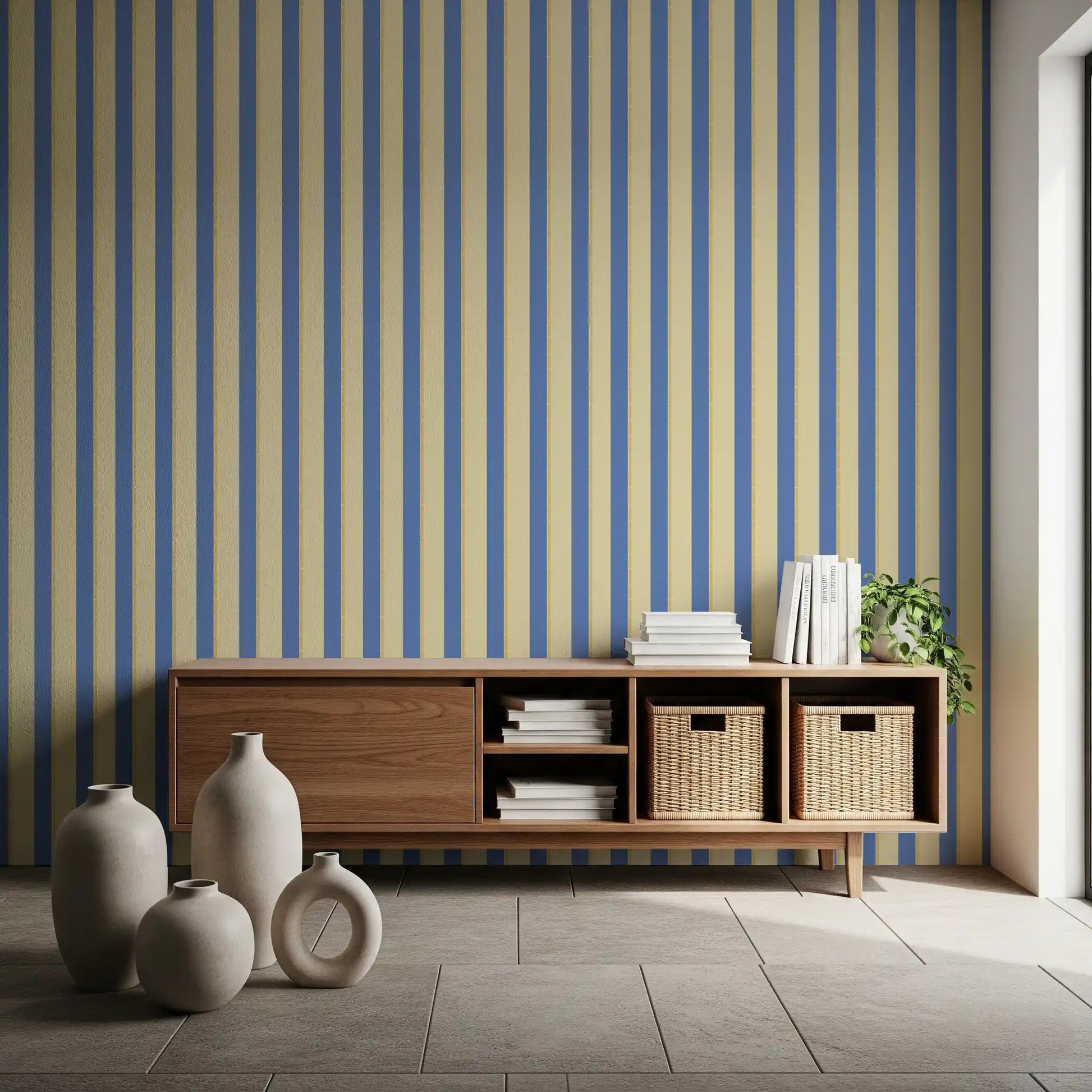 Blue and Yellow Candy Stripes Wallpaper behind shelves in a relaxed sitting area