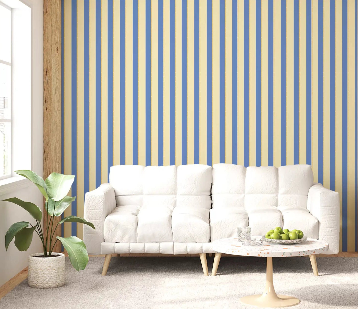 Blue and Yellow Candy Stripes Wallpaper behind a white sofa in a bright living room, GD8900