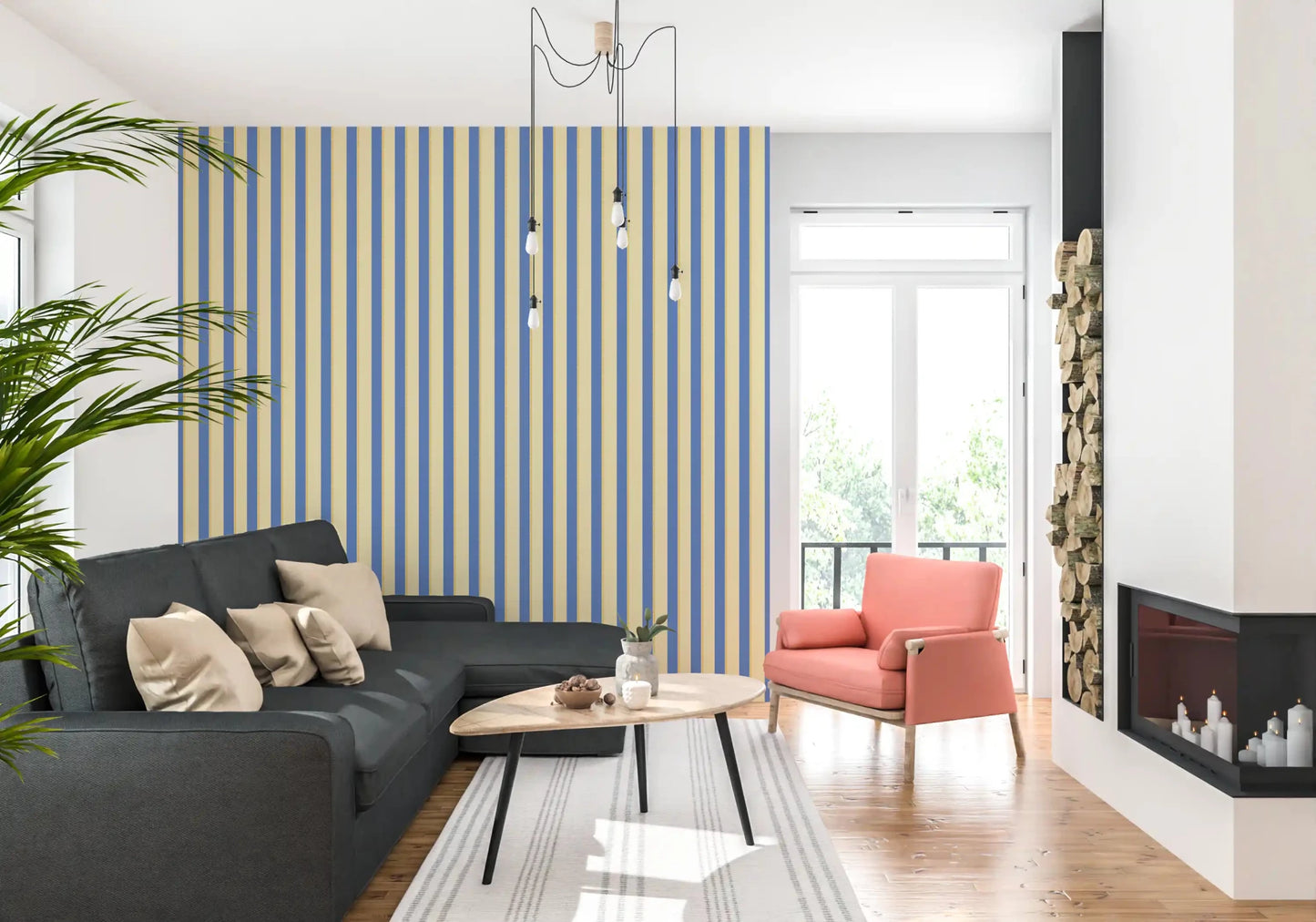 A modern Living nook finished with Blue and Yellow Candy Stripes Wallpaper