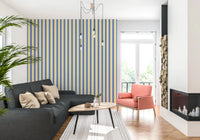 A modern Living nook finished with Blue and Yellow Candy Stripes Wallpaper