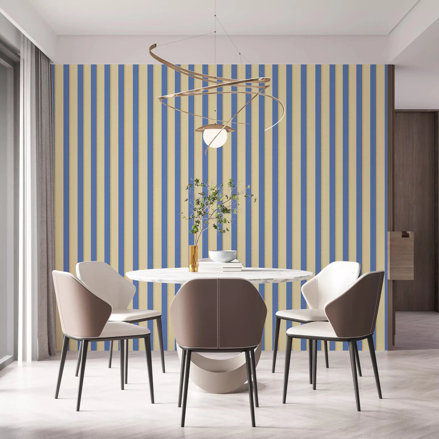 Round dining setup paired with Blue and Yellow Candy Stripes Wallpaper
