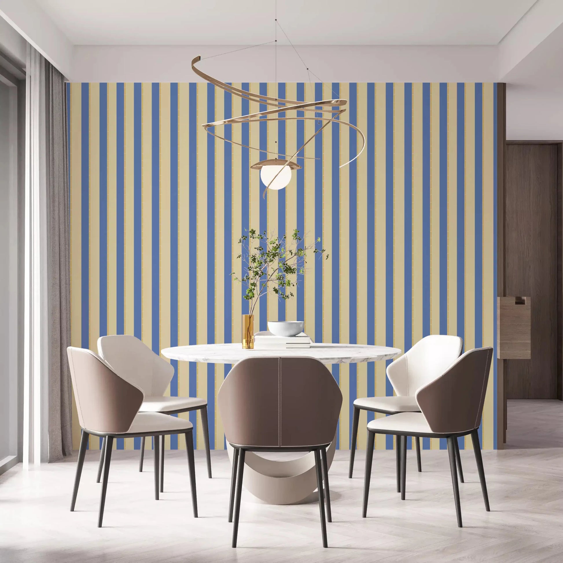 Round dining setup paired with Blue and Yellow Candy Stripes Wallpaper