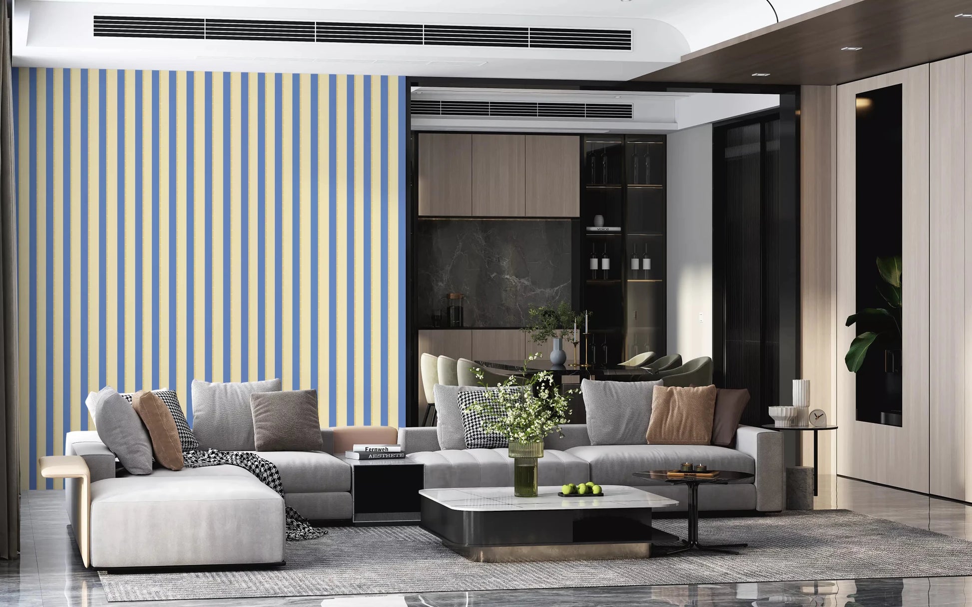 Blue and Yellow Candy Stripes Wallpaper set across a sleek dark living space