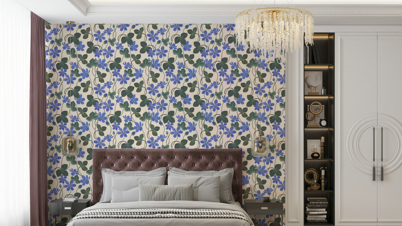 Anemone flower and leaves wallpaper design

