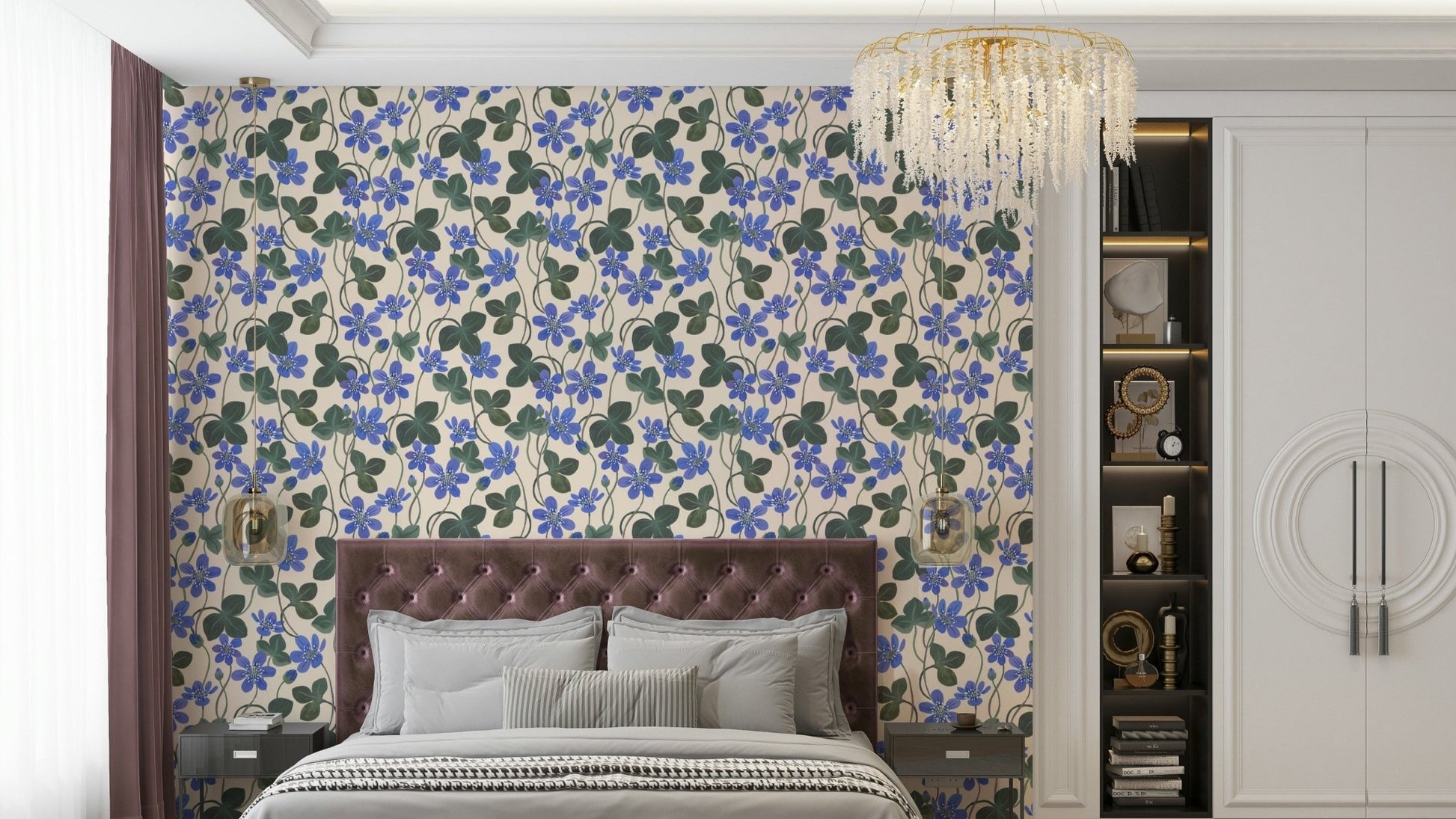 Anemone flower and leaves wallpaper design

