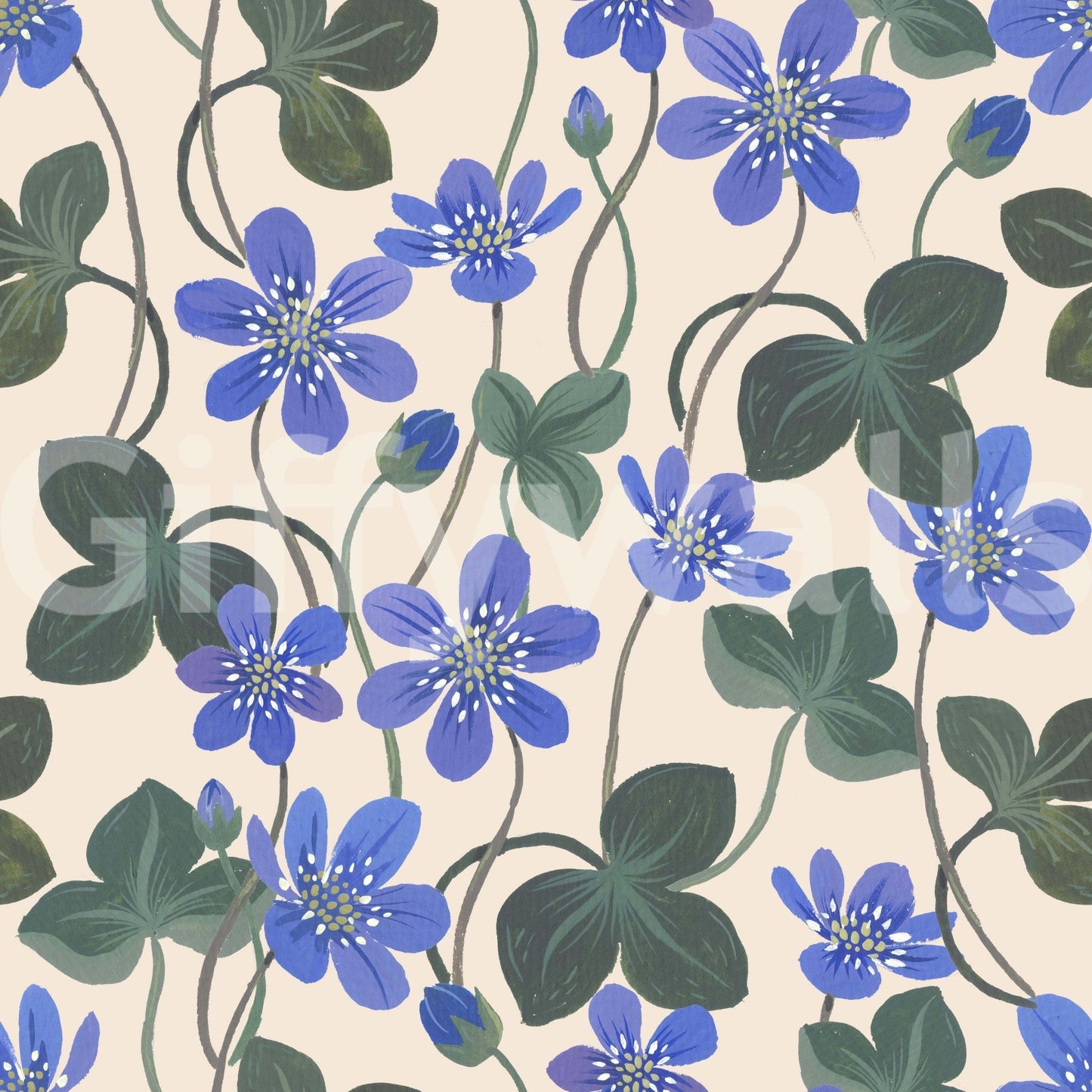 Blue anemone design wallpaper with white background

