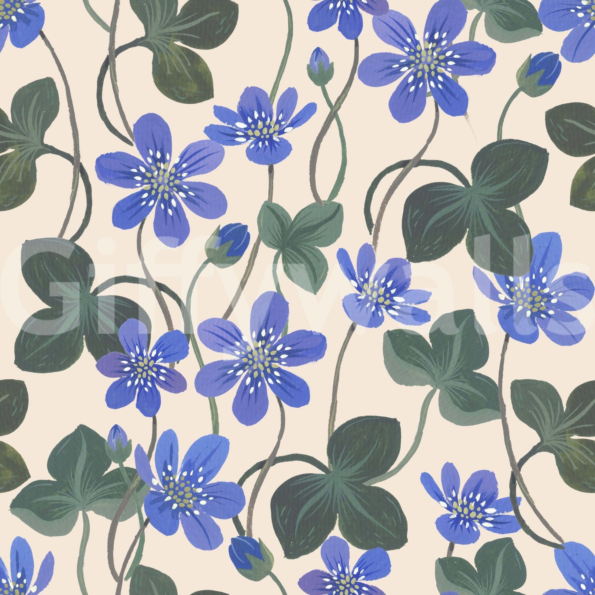 Blue anemone design wallpaper with white background

