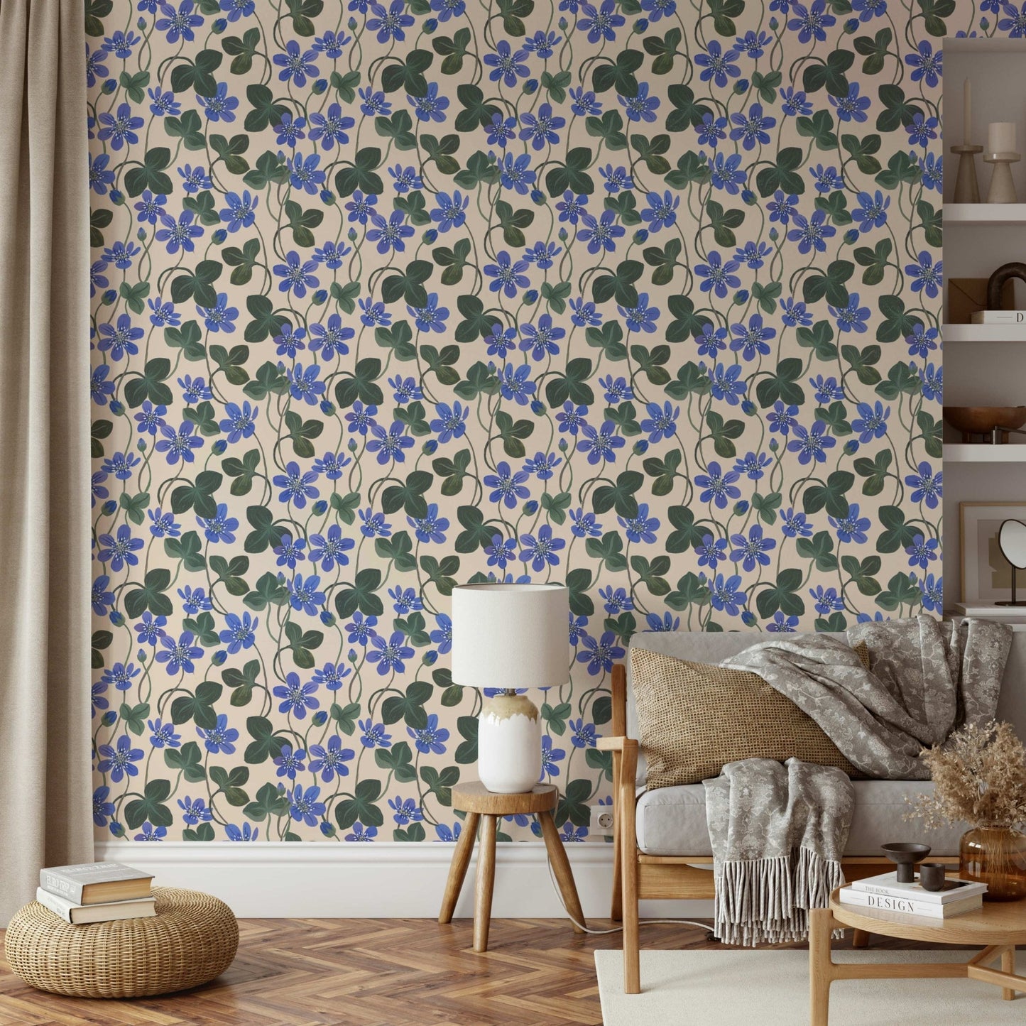 Blue anemone floral pattern on white wallpaper

