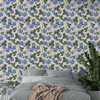 White wallpaper with delicate blue anemones

