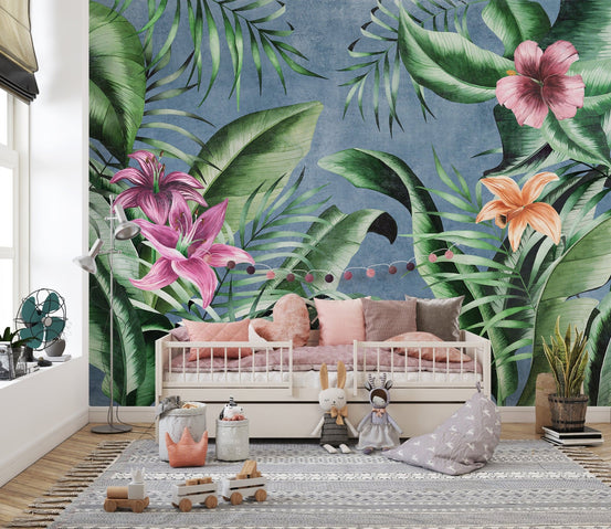 Blue floral green leaves mural A298
