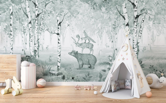 Blue Bear King forest wallpaper with woodland animals scene KB07