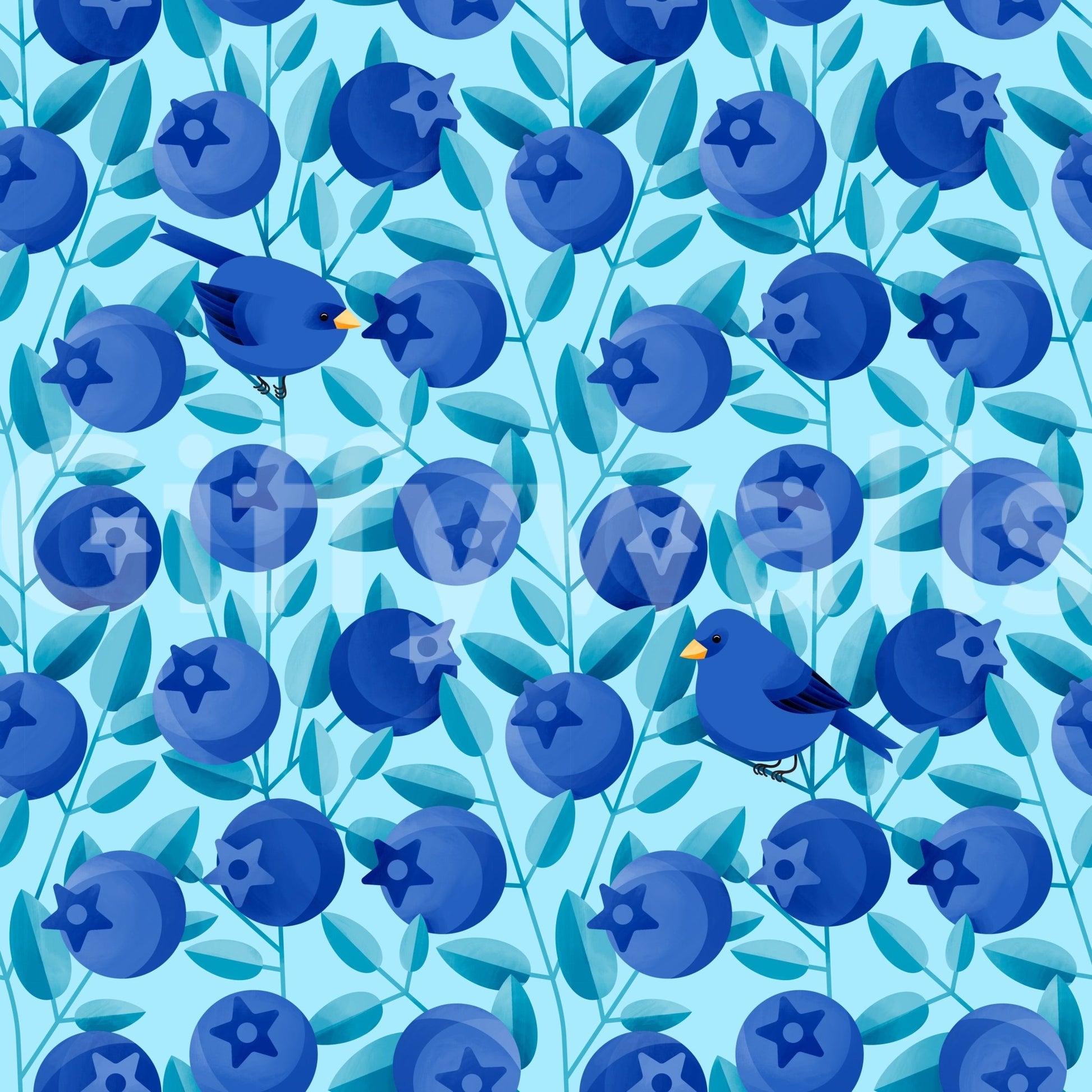 Bright nature mural wallpaper with cartoon birds

